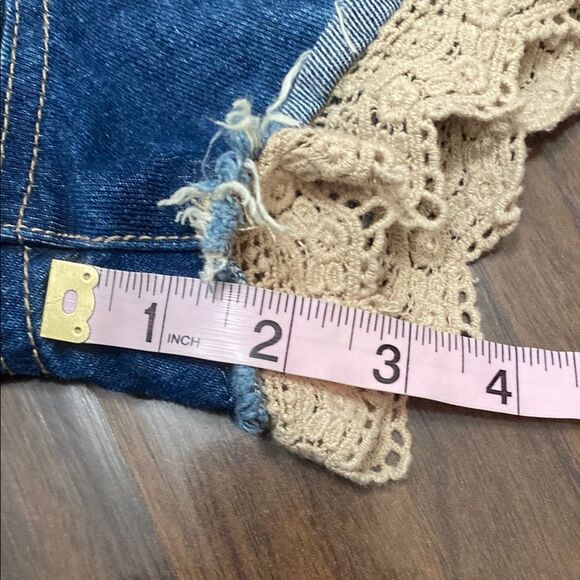 Free People Cream Lace and Blue Denim Distressed Jean Shorts - Picture 4 of 7